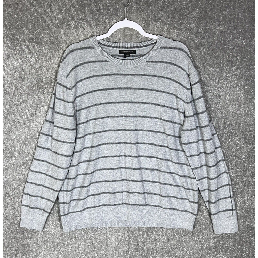 Banana Republic Striped Cotton Slub Knit Crew Neck Sweater Mens Size XL Gray